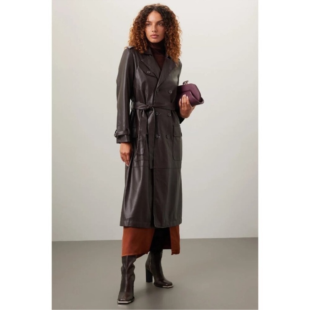 Osman Yousefzada Faux Leather Brown Belted Trench Coat Size 2 | Fall Classic